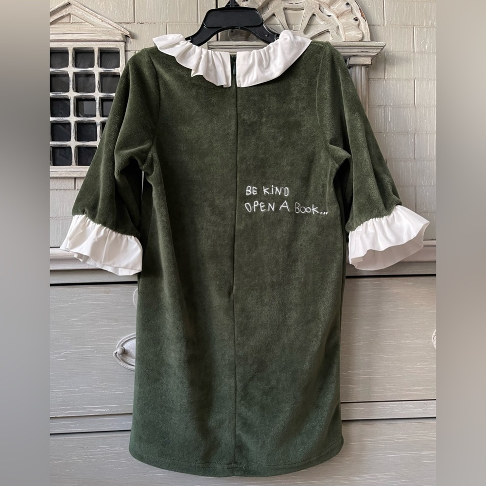 Beau Loves Girls’ Green Velvet Dress w/ “Be Kind. Open a Book” Embroidery - 2/3